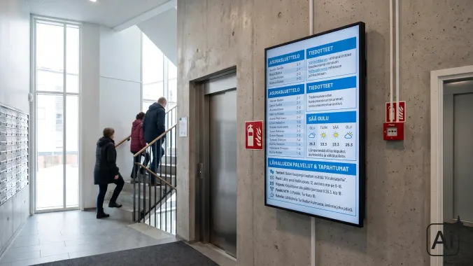 Taloyhtiön aulan infonäyttö asukasluettelolla ja tiedotteilla